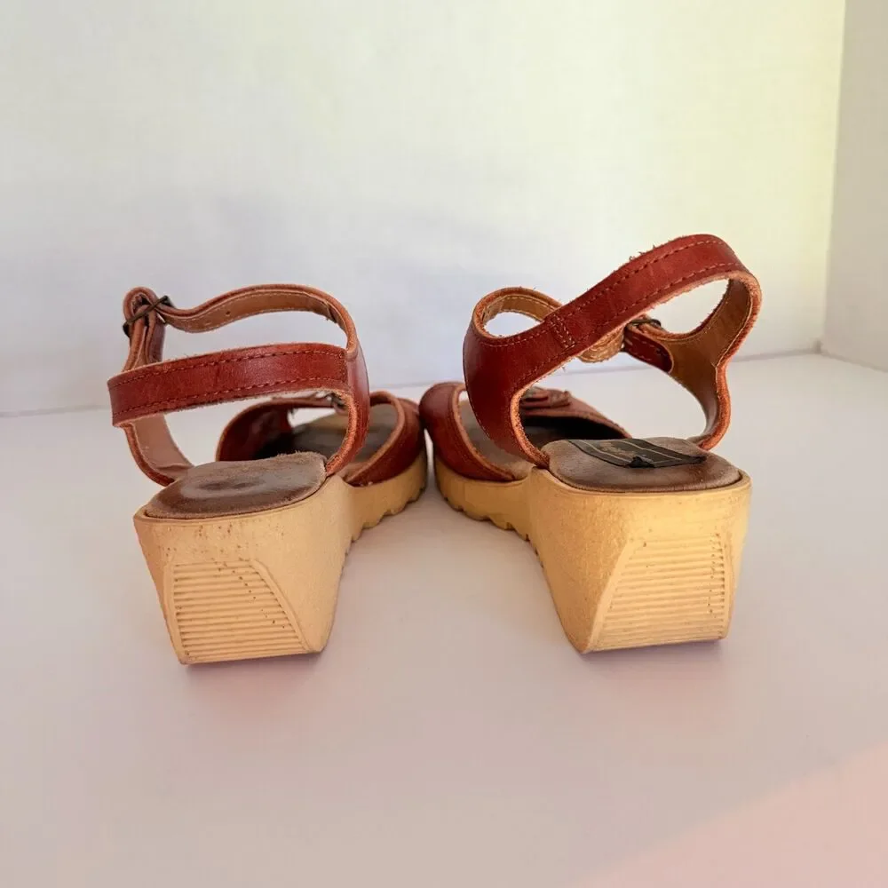 Morgan Quinn VTG 70s Platform Brown Leather Wedge Sandals 8.5 Ankle Strap Buckle - Picture 7 of 9